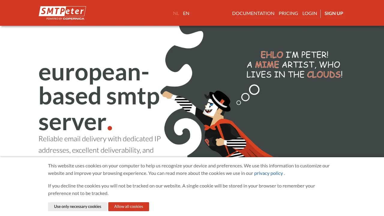 Captura de pantalla del sitio web de SMTPeter