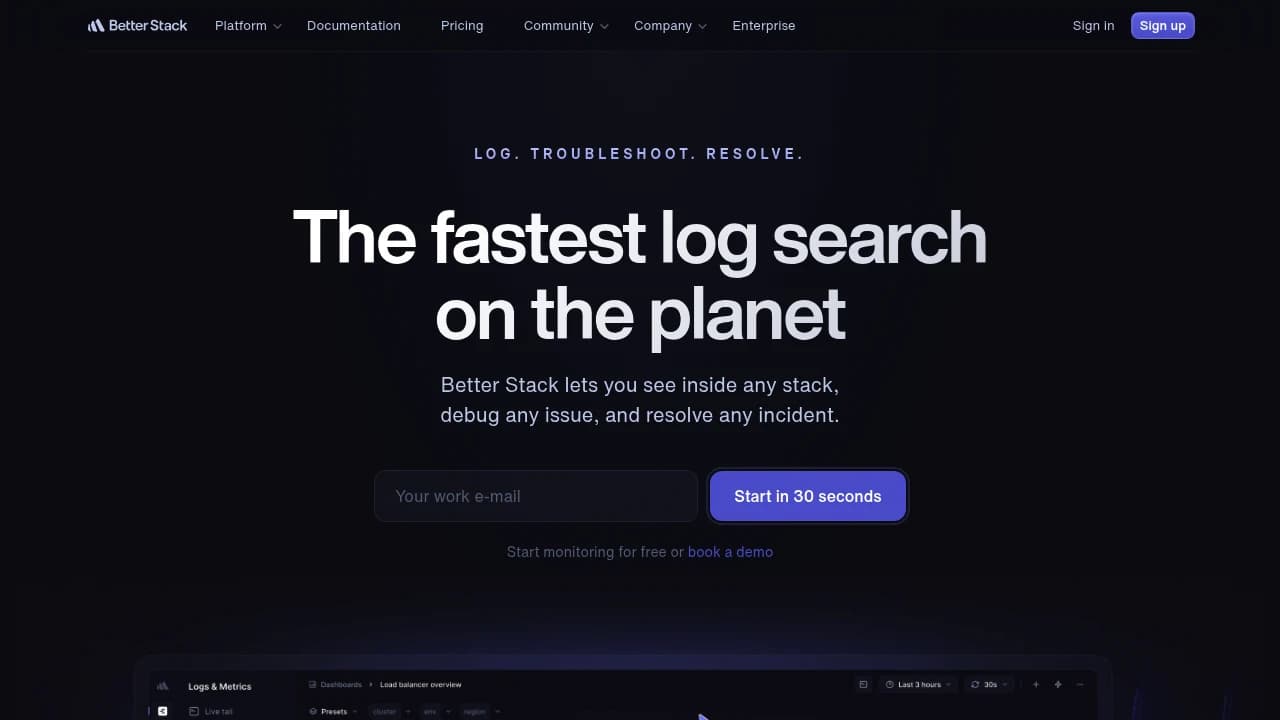 Screenshot of BetterStack Telemetry website