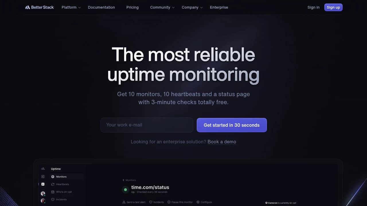 Zrzut ekranu strony BetterStack Uptime
