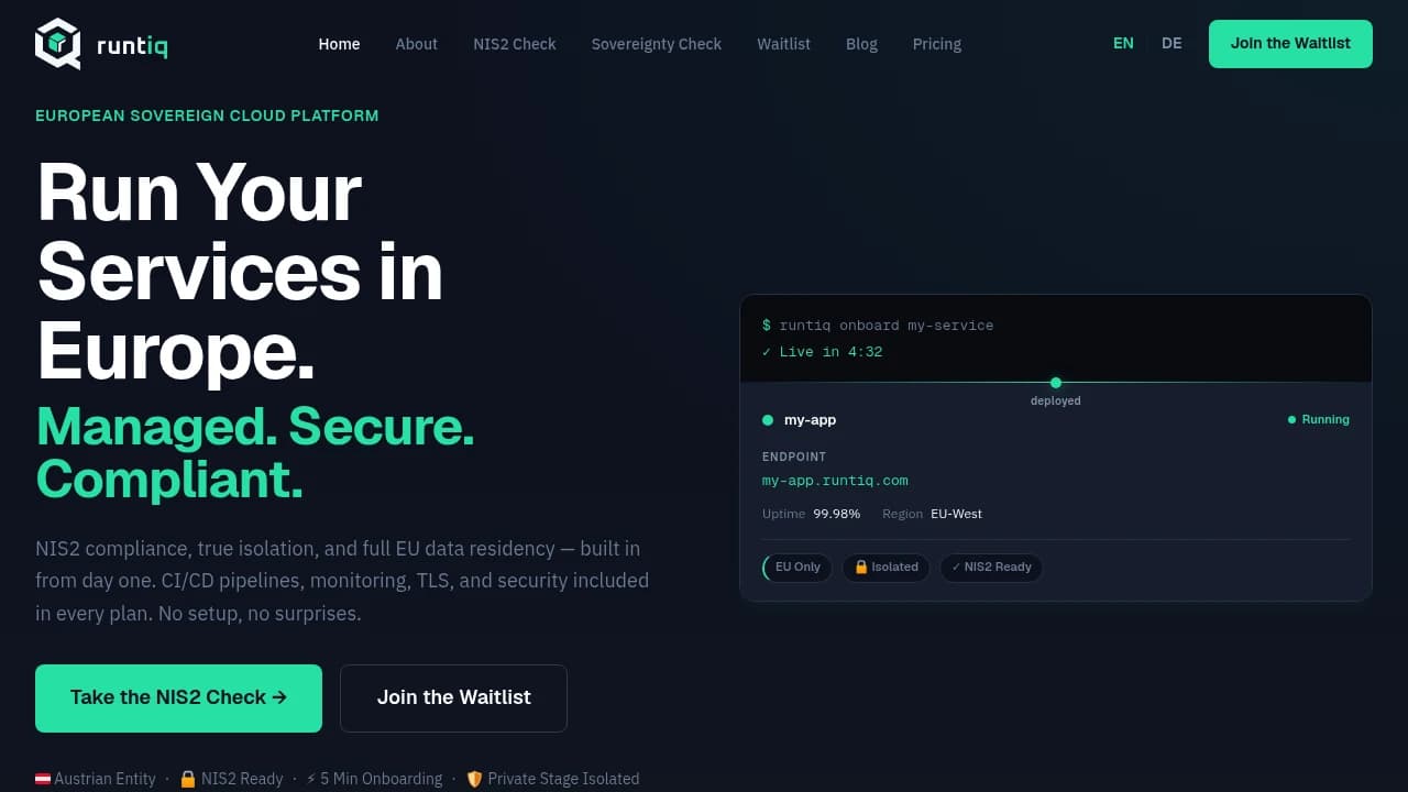 Screenshot of Runtiq website
