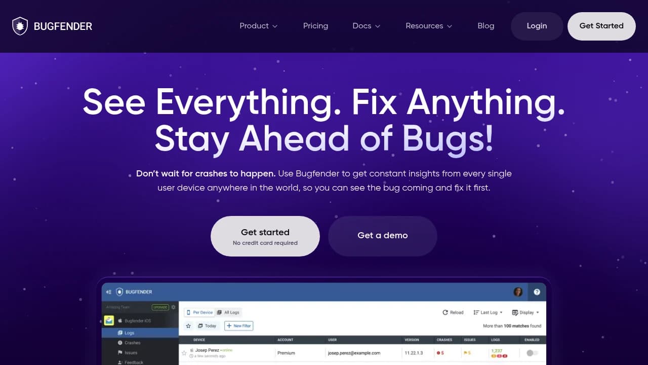 Screenshot of Bugfender website