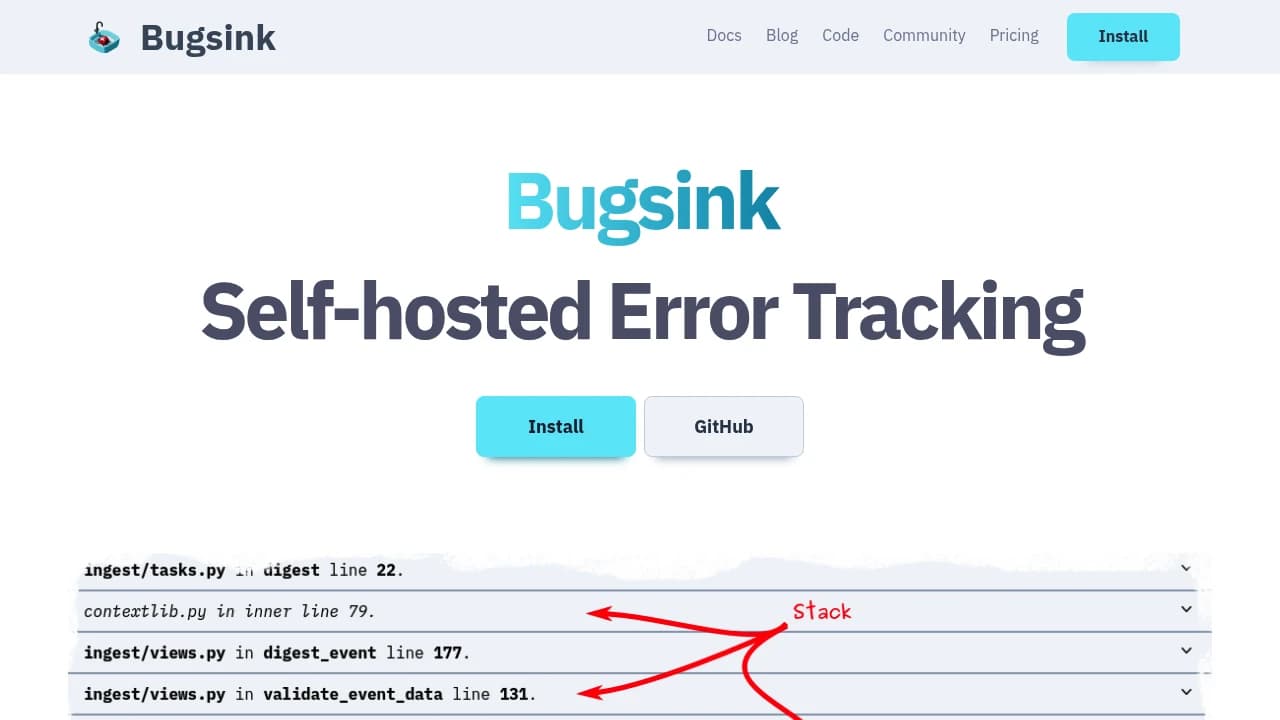 Screenshot der Website von Bugsink