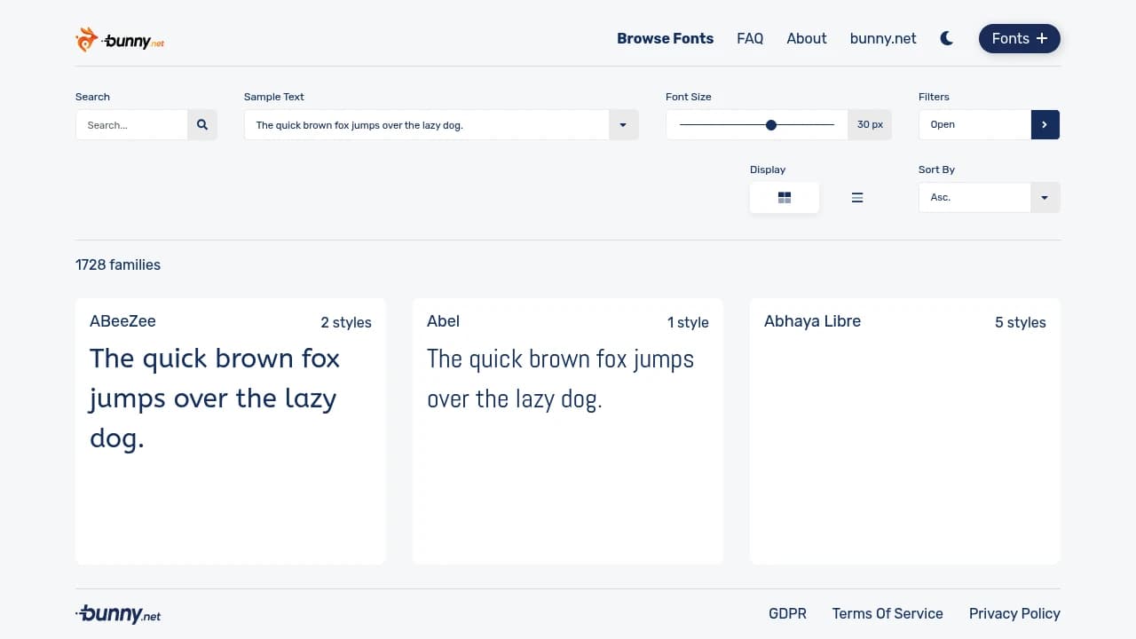 Screenshot der Website von Bunny Fonts