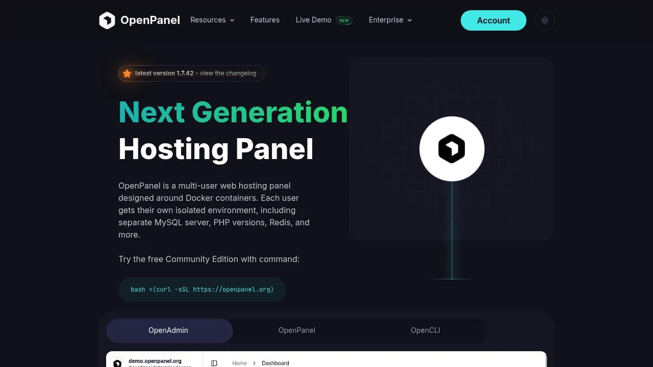 Screenshot of OpenPanel website
