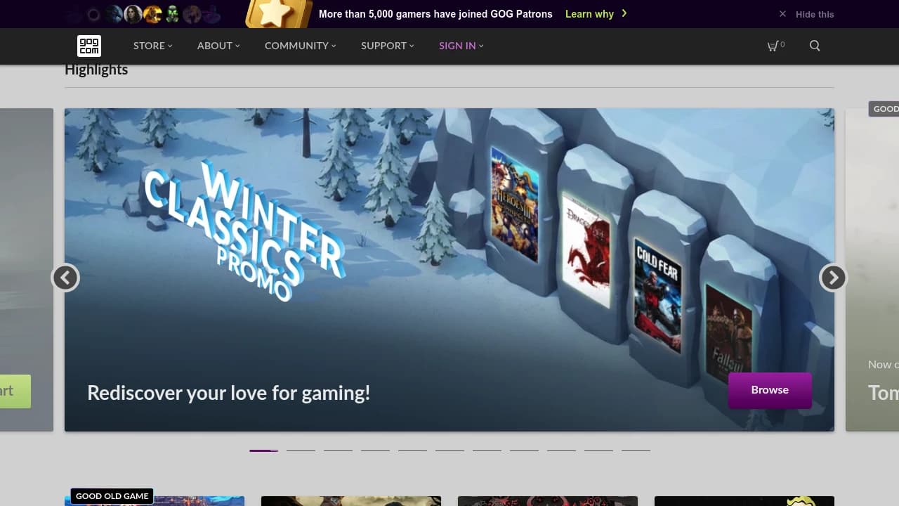 Screenshot of GOG website