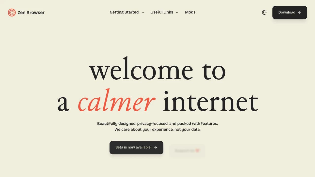 Screenshot of Zen Browser website