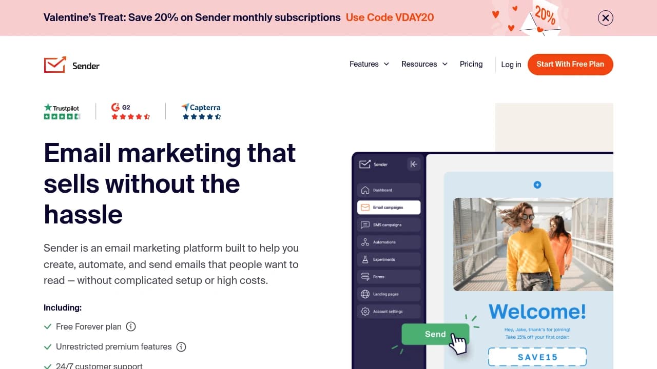 Screenshot of Sender website