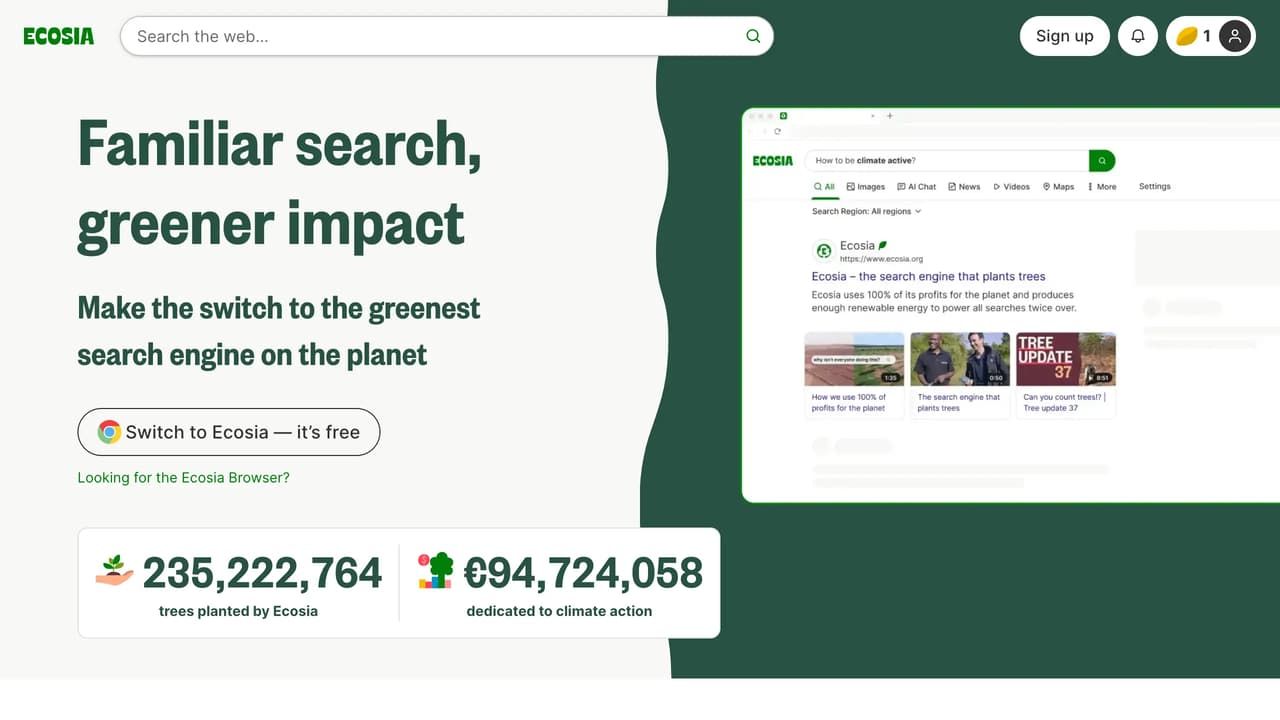 Screenshot der Website von Ecosia
