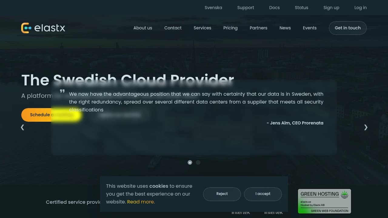 Screenshot der Website von Elastx