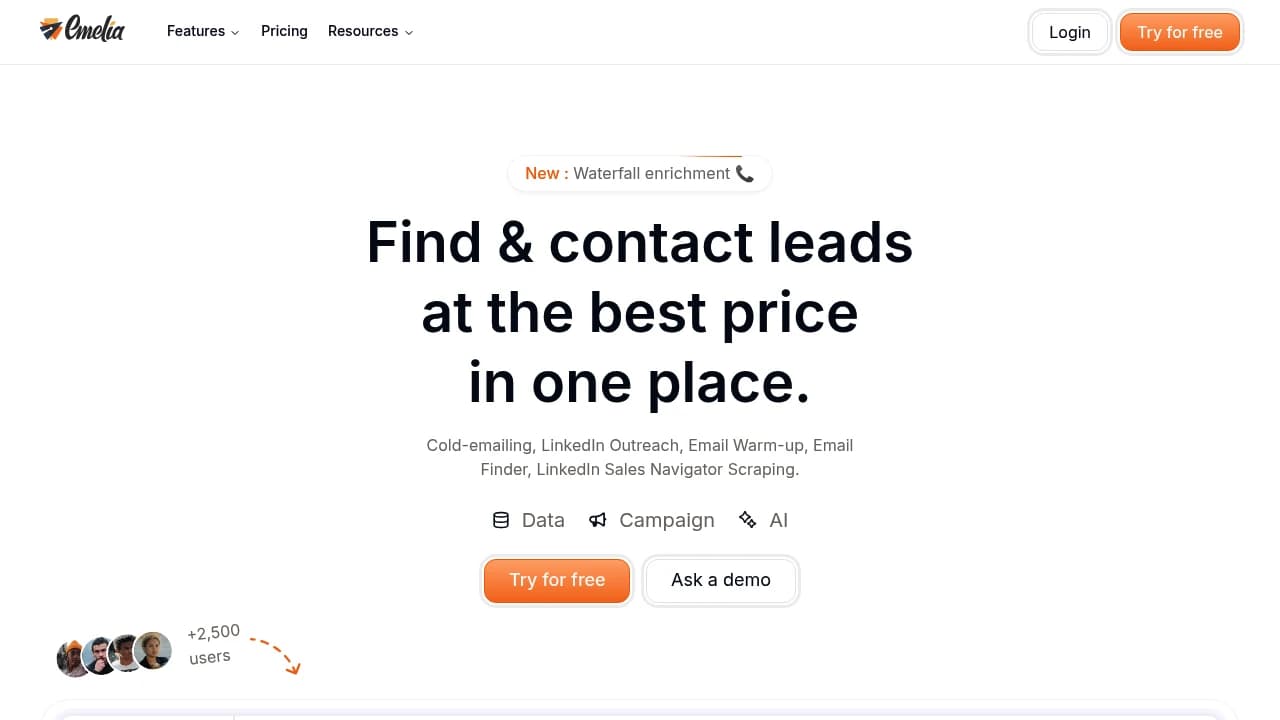Screenshot of Emelia website