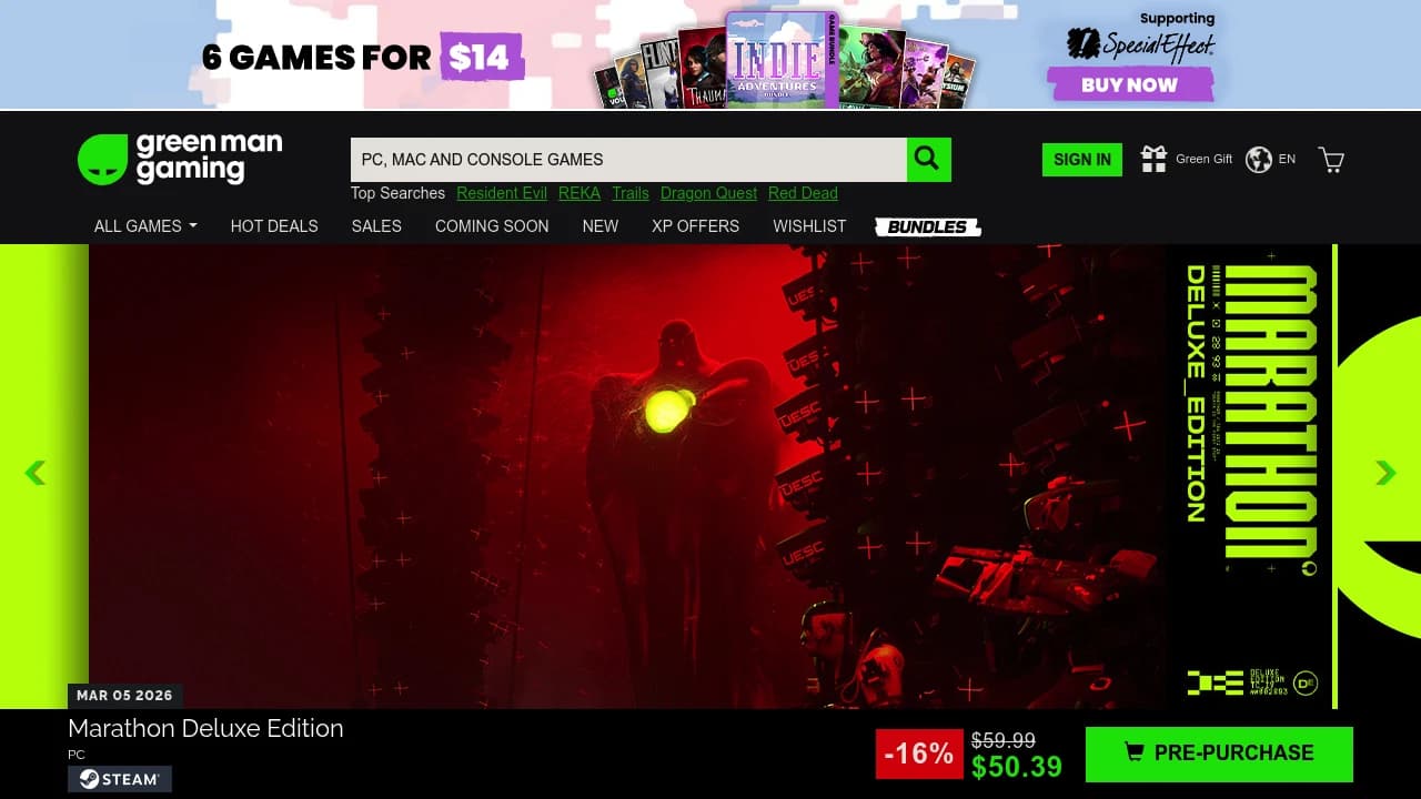 Screenshot of Green Man Gaming website