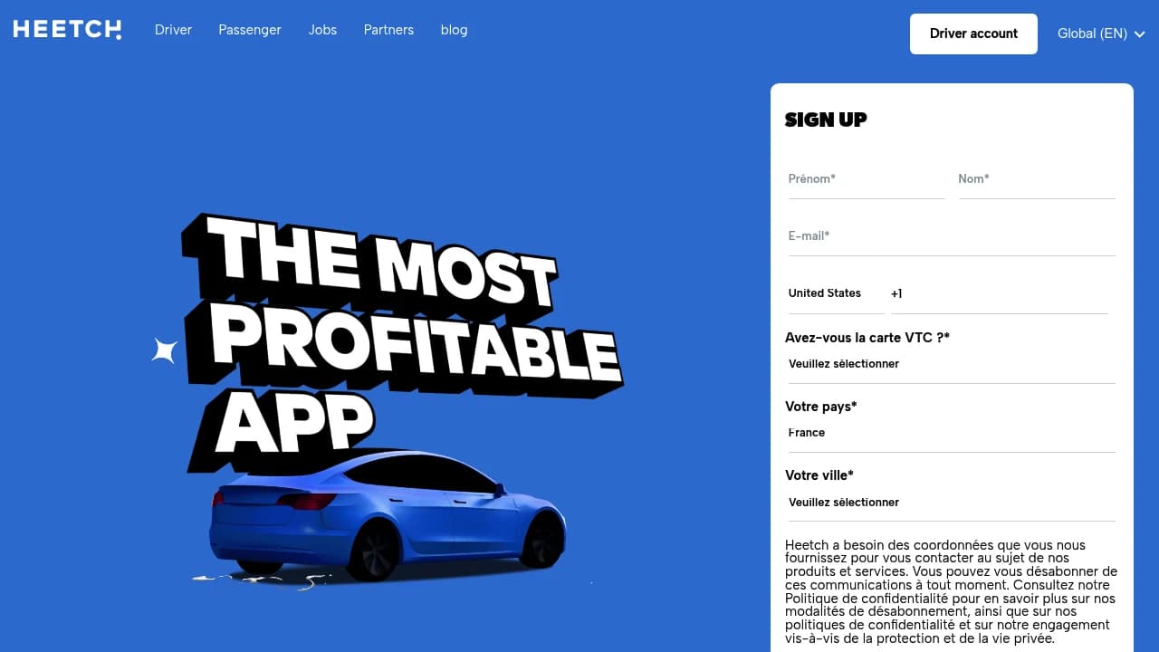 Screenshot der Website von Heetch