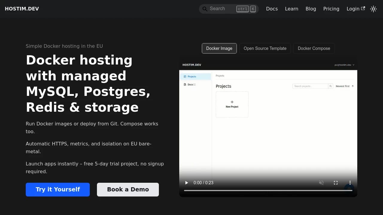 Screenshot der Website von Hostim.dev