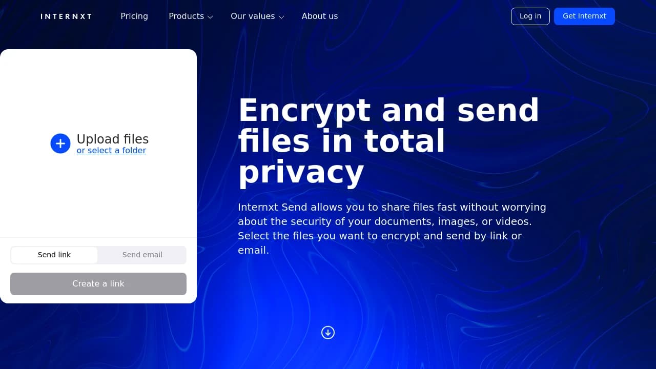 Screenshot der Website von Internxt Send