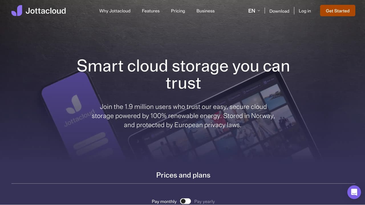 Screenshot der Website von Jottacloud