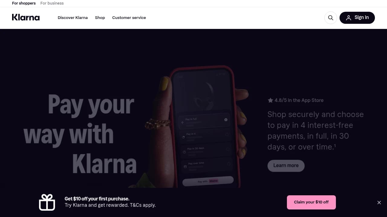 Screenshot der Website von Klarna