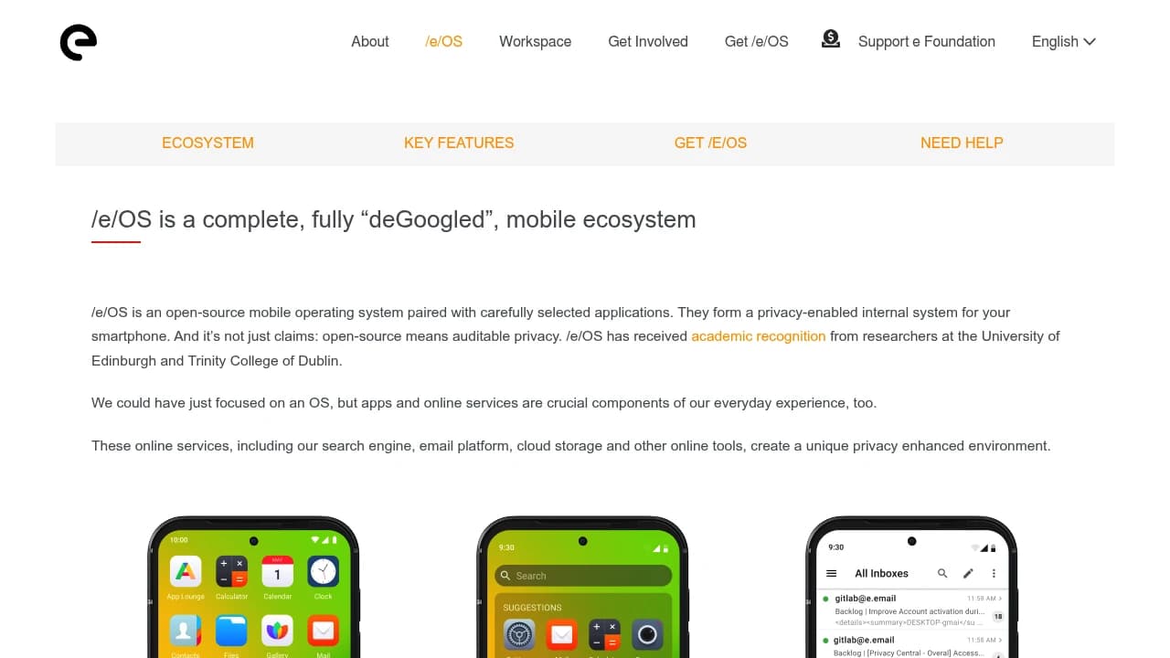 Screenshot of /e/OS website