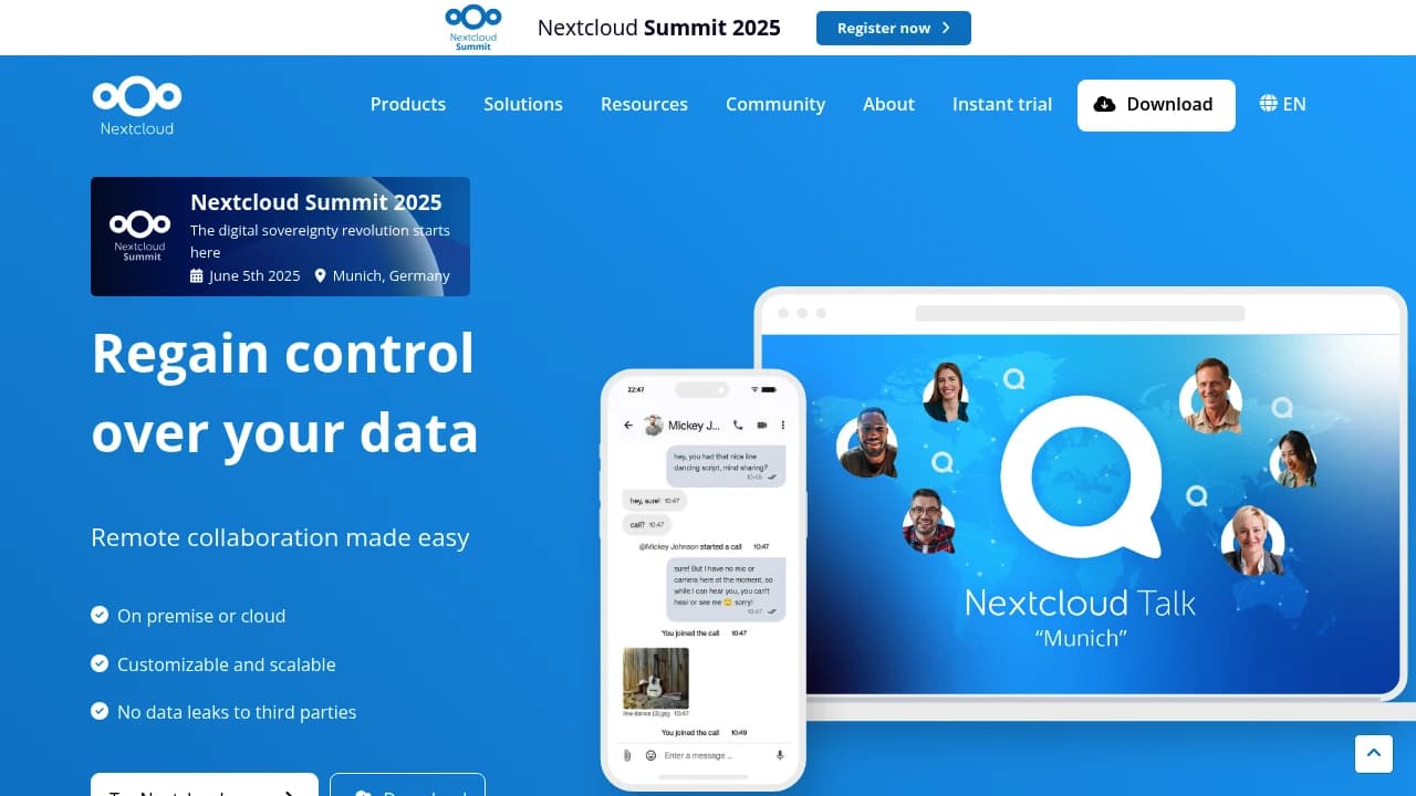 Screenshot der Website von Nextcloud