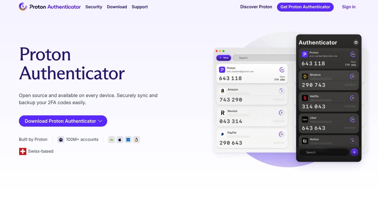 Screenshot der Website von Proton Authenticator