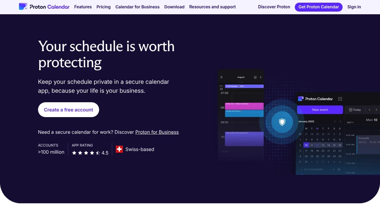 Screenshot der Website von Proton Calendar