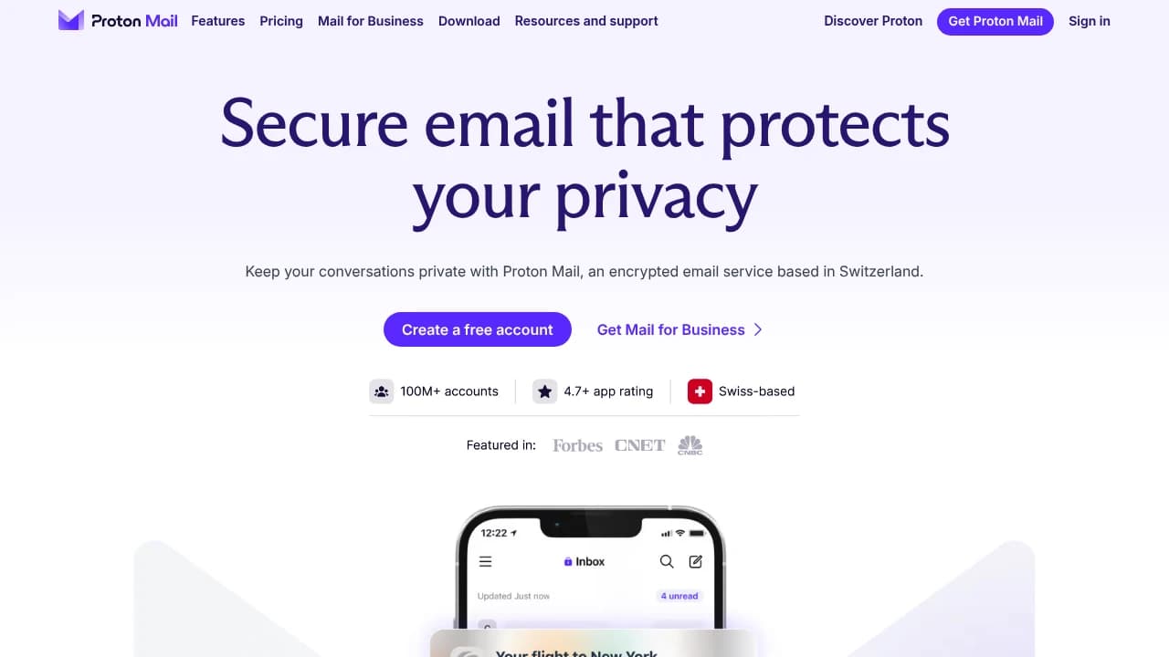 Screenshot der Website von Proton Mail