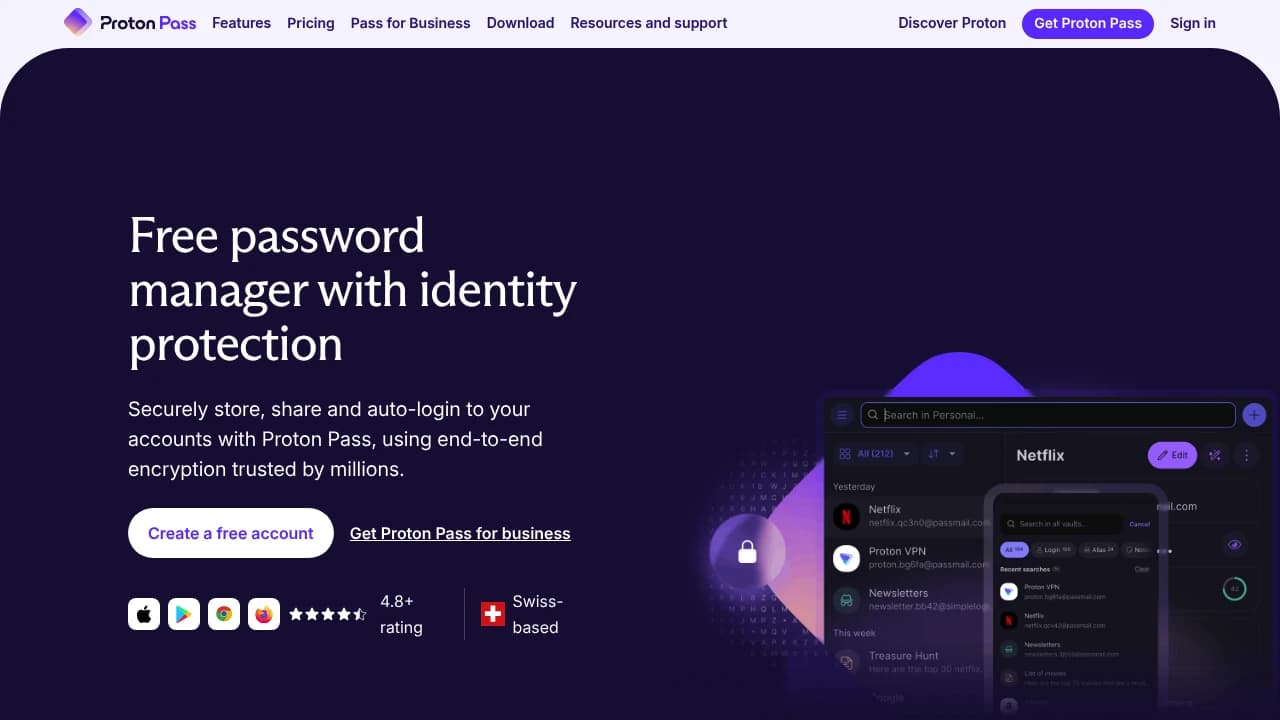 Screenshot der Website von Proton Pass