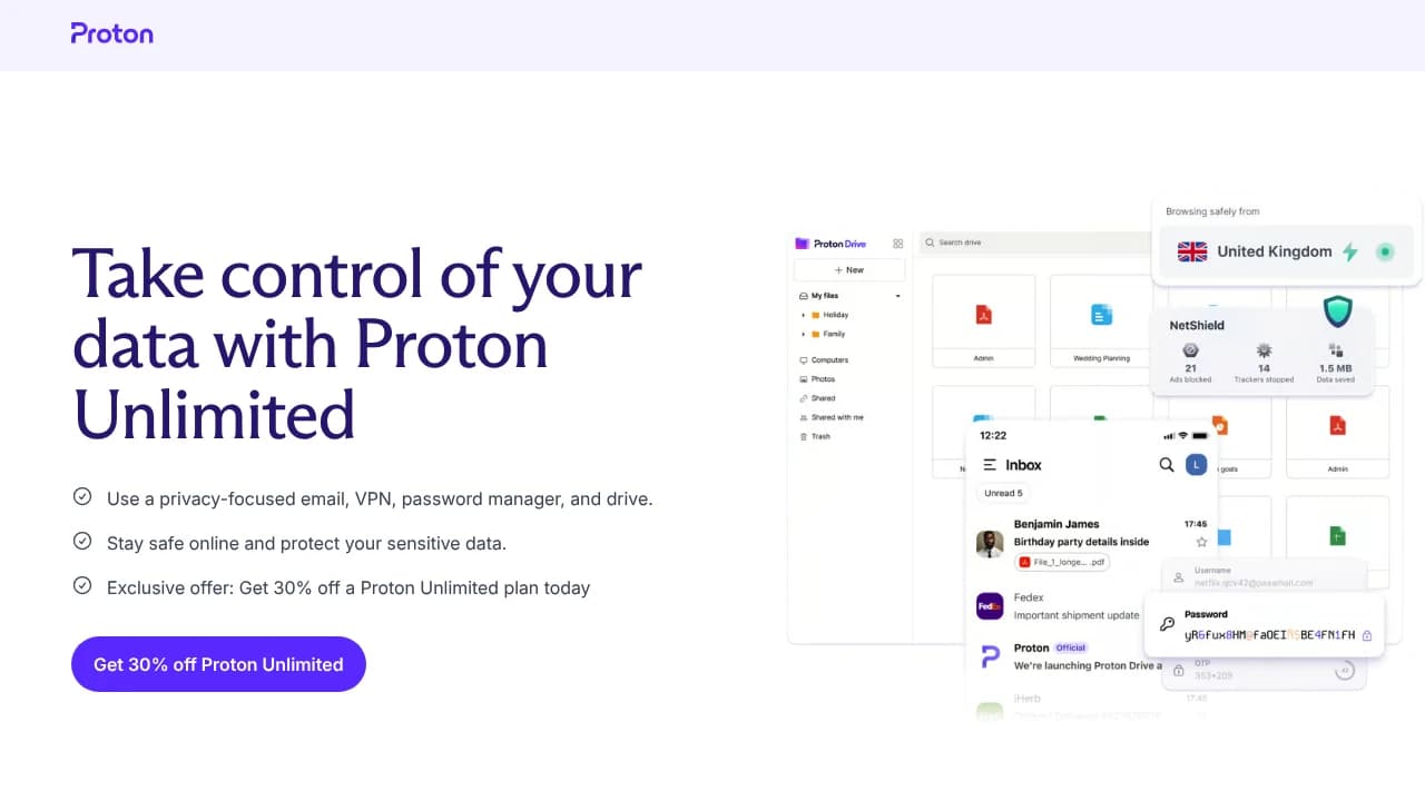 Screenshot der Website von Proton Unlimited
