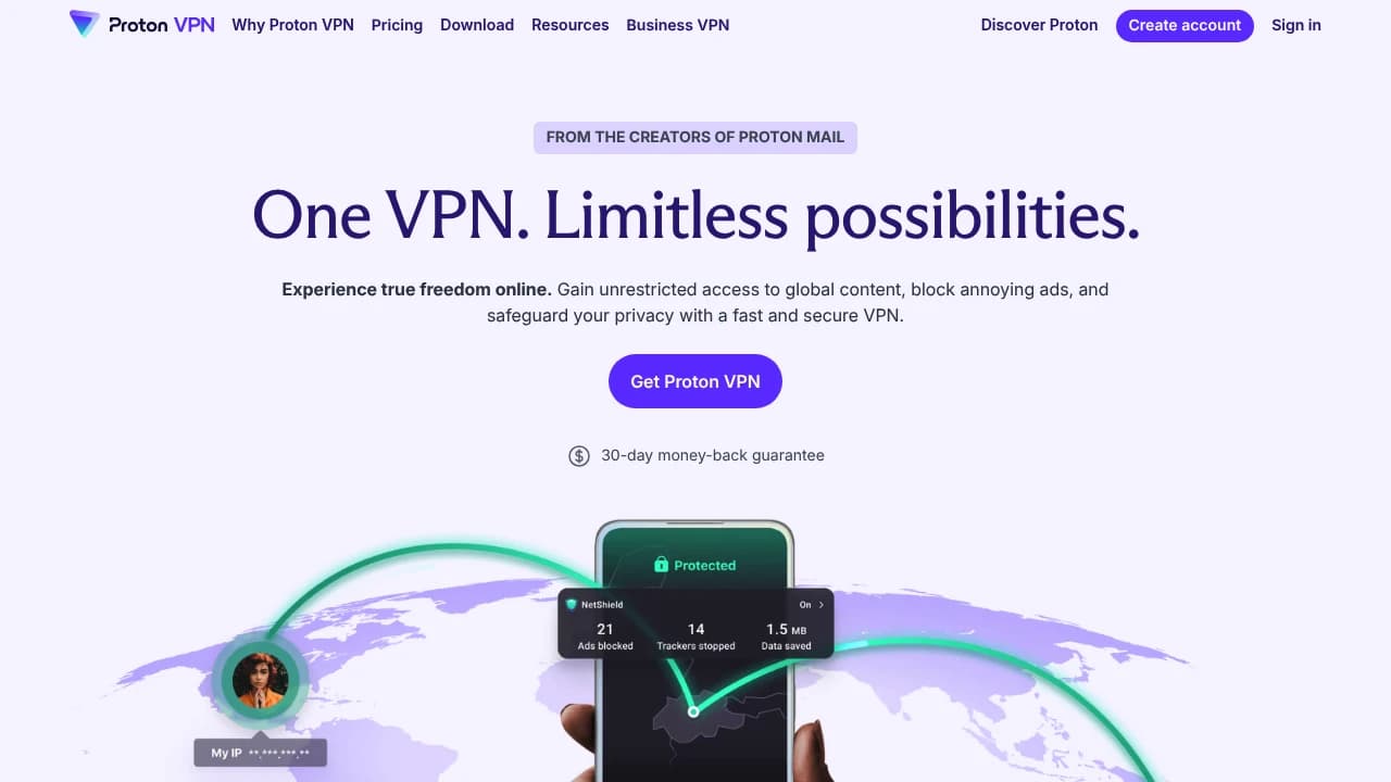 Screenshot der Website von Proton VPN