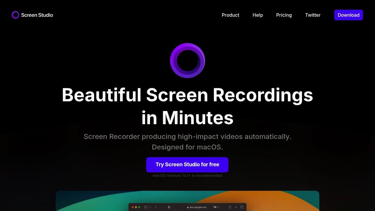 Screenshot der Website von Screen Studio