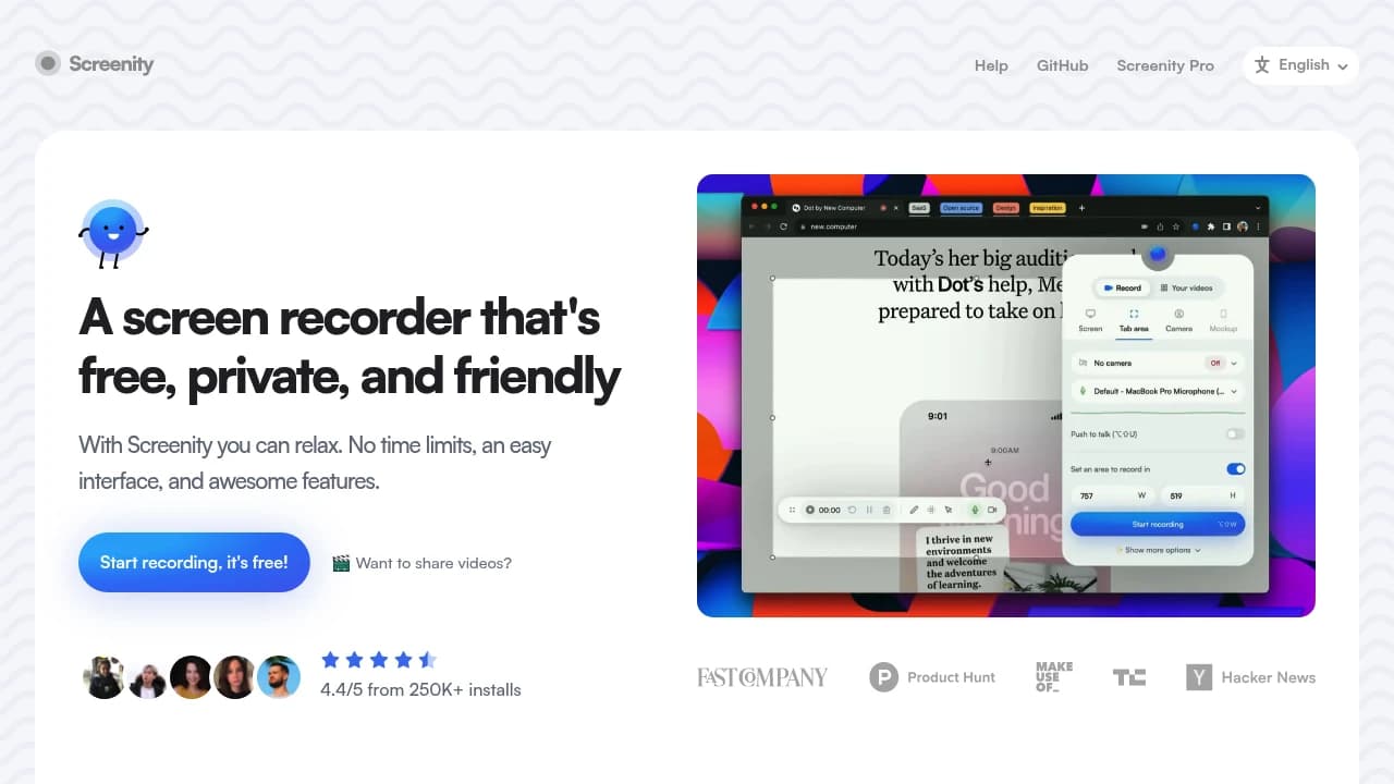 Screenshot der Website von Screenity