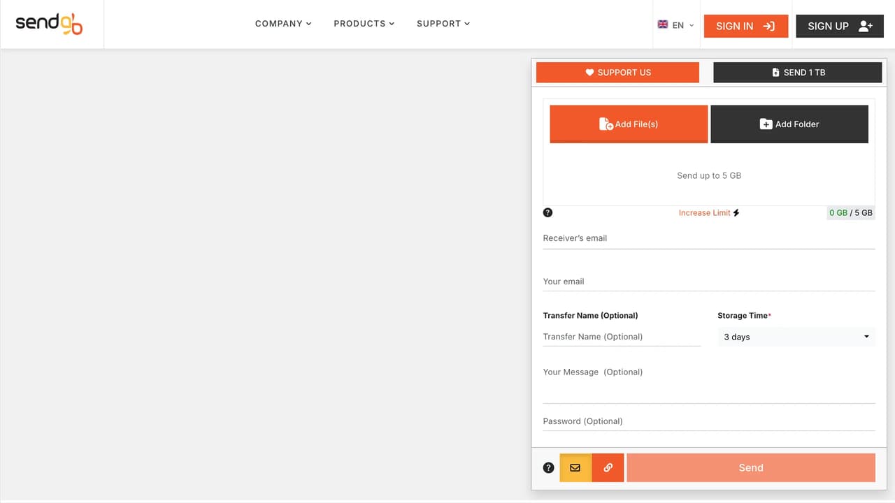 Screenshot der Website von SendGB
