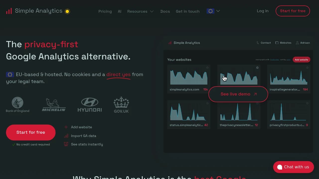Screenshot der Website von Simple Analytics