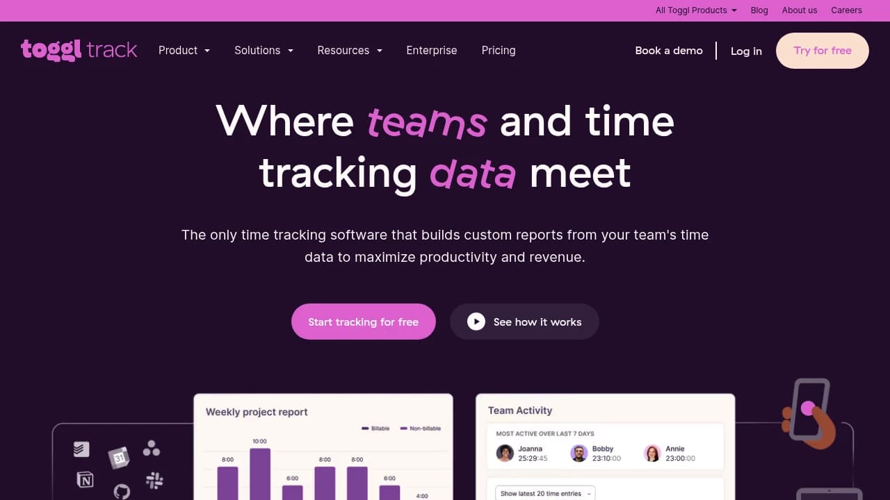 Screenshot der Website von Toggl