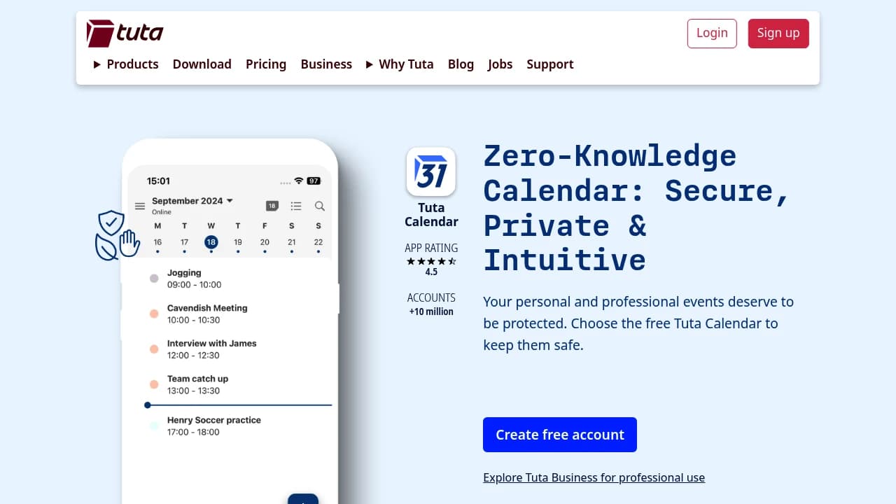 Screenshot der Website von Tuta Calendar