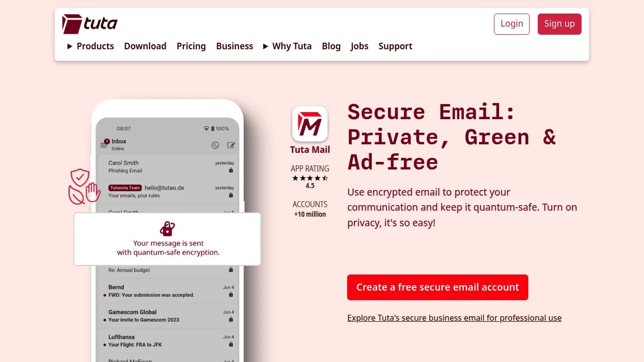 Screenshot der Website von Tuta Mail