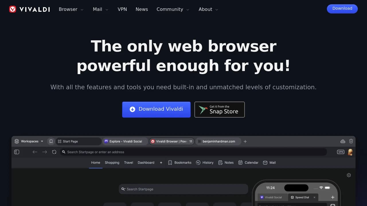 Screenshot der Website von Vivaldi Browser