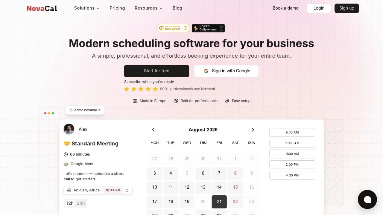 Screenshot of Novacal website