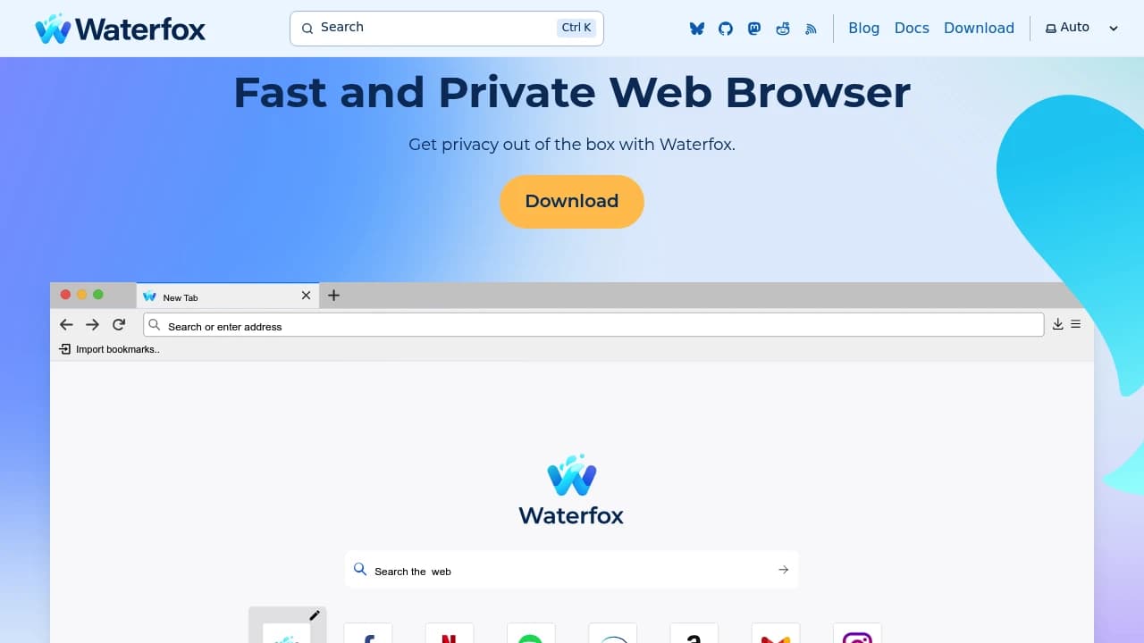 Screenshot der Website von Waterfox