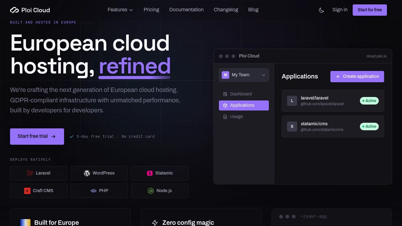 Screenshot of Ploi Cloud website