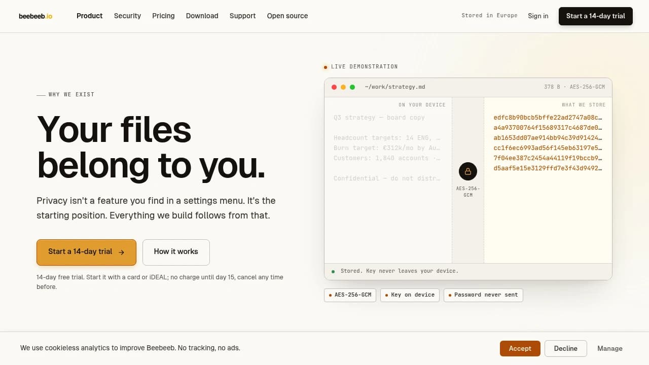 Screenshot of Beebeeb.io website