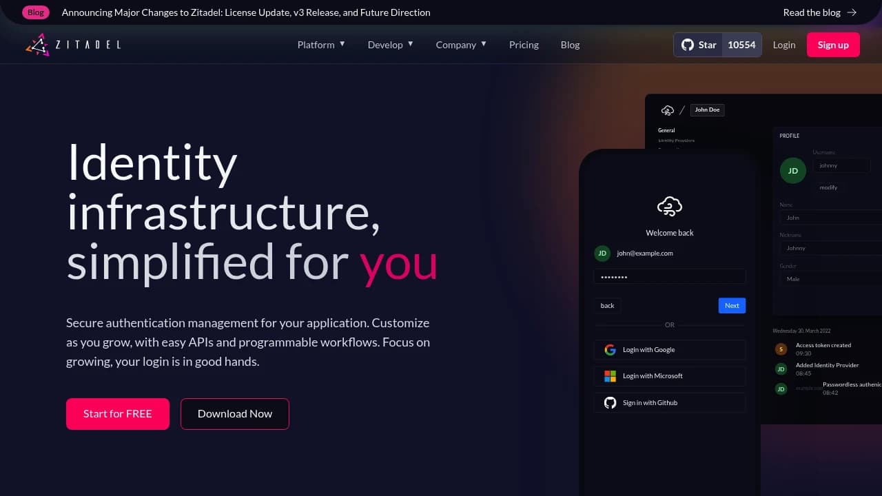 Screenshot der Website von Zitadel