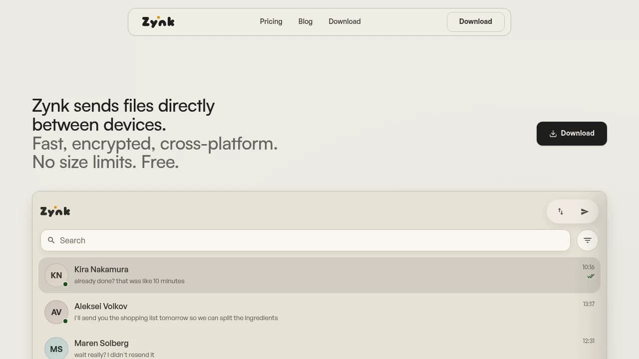 Screenshot der Website von Zynk